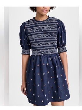 Hill House Home Vivi Nap Dress Navy Petite Fleur Smocked Puff Sleeve Size M